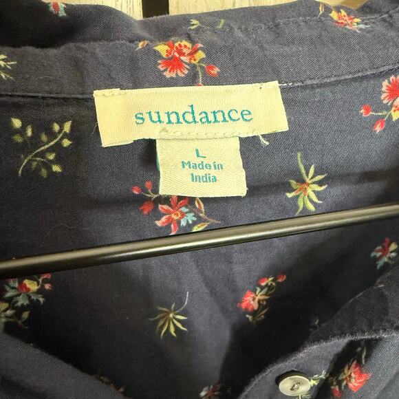 SUNDANCE Women's Large Floral Poppy Bloom Bounce Cotton Popover Button Top Navy - Picture 9 of 14